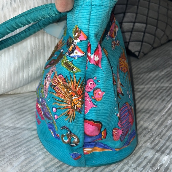 Atlantis Paradise Island Beach Tote Bag Beads Sequins and Satiny Aqua and Fish - Picture 8 of 17